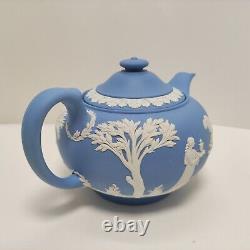 Vintages Wedgwood 1953 England JASPERWARE BLUE TEAPOT With SUGAR BOWL AND CREAMER