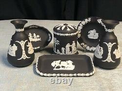 WEDGWOOD 7 piece BASALT JASPERWARE Vase Cylinder Trinket Box & Dish SET