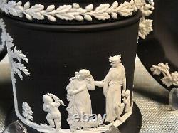 WEDGWOOD 7 piece BASALT JASPERWARE Vase Cylinder Trinket Box & Dish SET