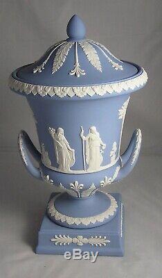 WEDGWOOD Blue Jasperware Campana Footed Pedestal Urn Vase Handles & Lid MINT
