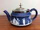 Wedgwood Cobalt Blue Jasperware 2 Cup Mini Teapot Dtd 1903 Silverplate Hinge Lid