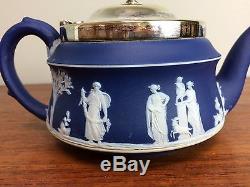 WEDGWOOD Cobalt Blue Jasperware 2 Cup Mini Teapot Dtd 1903 Silverplate Hinge Lid