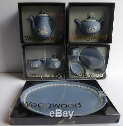 WEDGWOOD JASPERWARE BLUE 7 PIECE MINIATURE TEA/COFFEE SET WithTRAY, ORIG. PACKAGES