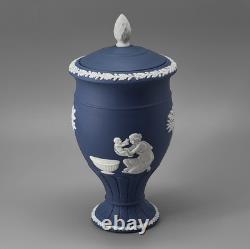 WEDGWOOD Jasperware Handcrafted Portland / Dark Blue Vase Lidded Urn 21cm tall