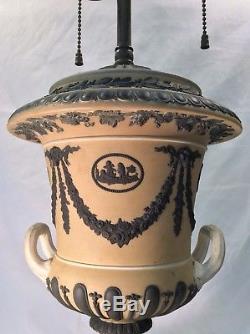 WEDGWOOD, Jasperware Urn Lamp in Yellow Buff & Black, 24 Tall, Circa 1885-1930