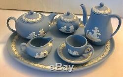 WEDGWOOD MINI / MINIATURE BLUE JASPERWARE 10 PIECE TEA & COFFEE SET WithTRAY