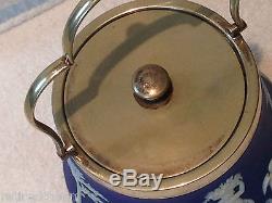 WEDGWOOD VeRy OlD JASPERWARE BLUE DIP BISCUIT TEA BARREL JAR SILVER LID c 1891