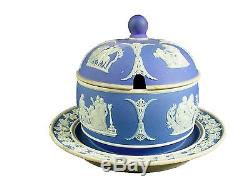 WEDGWOOD china JASPERWARE dark blue HONEY JAR & LID Attached Underplate 1900