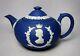 Wedgwood China Royal Blue Jasperware Queen Elizabeth Coronation Teapot 3 Cup