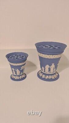WedgWood Blue Jasperware Stoneware Vases with Matching Flower Frogs
