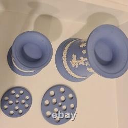 WedgWood Blue Jasperware Stoneware Vases with Matching Flower Frogs