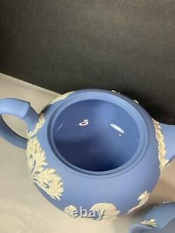 Wedgewood Blue Jasperware Tea Set Teapot Creamer and Sugar Bowl 1954 1953