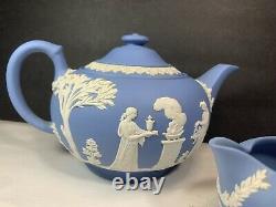 Wedgewood Blue Jasperware Tea Set Teapot Creamer and Sugar Bowl 1954 1953