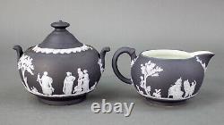 Wedgewood England Antique Black Jasperware Creamer & Lidded Sugar Bowl Set Of 2