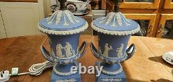 Wedgewood jasperware blue Urns/Lamps x 2 1970 /71