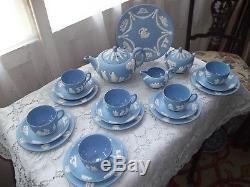 Wedgwood 21 piece blue and white jasperware tea set, glazed interior