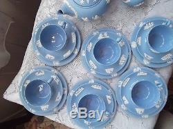 Wedgwood 21 piece blue and white jasperware tea set, glazed interior