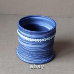 Wedgwood BLUE & WHITE Jasperware Agate SWIRLED MARBLED Short Vase Pot RARE