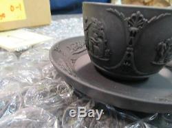 Wedgwood Basalt Black Coffee Tea cup & Saucer Plate 1864 Pottery Jasperware RARE