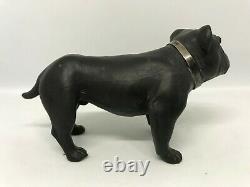 Wedgwood Black Basalt Jasperware Bull Dog withGlass Eyes And Original Metal Collar