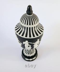 Wedgwood Black Jasperware Dancing Hours Lidded Urn Engine Turned