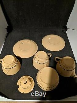 Wedgwood Black on Cane Yellow Jasperware sugar bowl creamer & 2 teacups/saucers