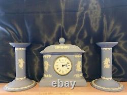 Wedgwood Blue Jasper Dancing Hours Bicentenary Clock & Candlesticks with Certs