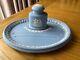 Wedgwood Blue Jasper Desk Set With Lidded Ink Well And Pen Stand