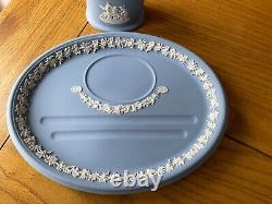 Wedgwood Blue Jasper Desk Set with lidded Ink Well and pen stand