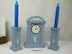 Wedgwood Blue Jasper Ware Millennium 2000 Mantel Clock & Matching Candlesticks