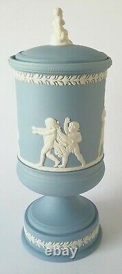 Wedgwood Blue Jasperware Blind Mans Buff Large Urn Vase and Lid Boxed