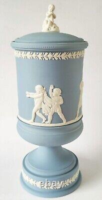 Wedgwood Blue Jasperware Blind Mans Buff Urn Vase and Lid Boxed