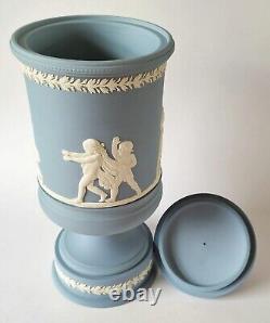 Wedgwood Blue Jasperware Blind Mans Buff Urn Vase and Lid Boxed