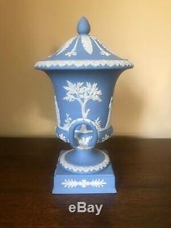 Wedgwood Blue Jasperware Campana Vase With Lid On Plinth With 12 C 1930+