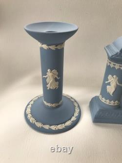 Wedgwood Blue Jasperware Dancing Hours Clock And Candle Sticks Garniture