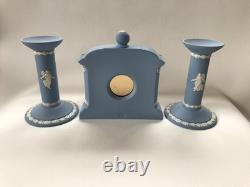 Wedgwood Blue Jasperware Dancing Hours Clock And Candle Sticks Garniture