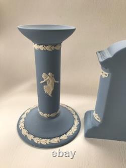 Wedgwood Blue Jasperware Dancing Hours Clock And Candle Sticks Garniture