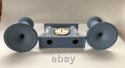 Wedgwood Blue Jasperware Dancing Hours Clock And Candle Sticks Garniture