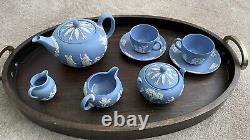Wedgwood Blue Jasperware Large Tea Set Teapot Sugar Bowl, Jugs, Etc 1950's