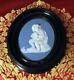 Wedgwood Blue Jasperware Medallion Cherub/angel In Black Oval Frame Withhang Ring