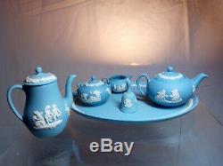 Wedgwood Blue Jasperware Miniature Tea & Coffee Set 13 Piece with Bell VG-Ex HTF