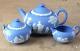 Wedgwood Blue Jasperware Tea Pot With Lidded Sugar And Creamer