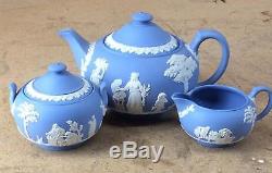 Wedgwood Blue Jasperware Tea Pot with Lidded Sugar and Creamer