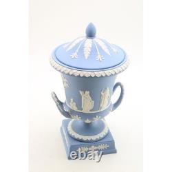 Wedgwood Blue Jasperware Twin Handled Campana Pedestal Urn Vase