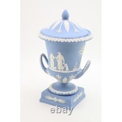 Wedgwood Blue Jasperware Twin Handled Campana Pedestal Urn Vase