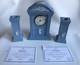 Wedgwood Blue Jasperware''millenium'' Mantel Clock And Matching Candlesticks