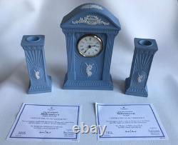 Wedgwood Blue Jasperware''millenium'' Mantel Clock And Matching Candlesticks