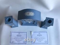Wedgwood Blue Jasperware''millenium'' Mantel Clock And Matching Candlesticks