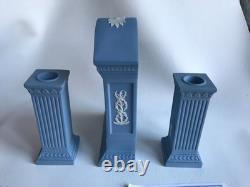 Wedgwood Blue Jasperware''millenium'' Mantel Clock And Matching Candlesticks