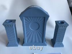 Wedgwood Blue Jasperware''millenium'' Mantel Clock And Matching Candlesticks